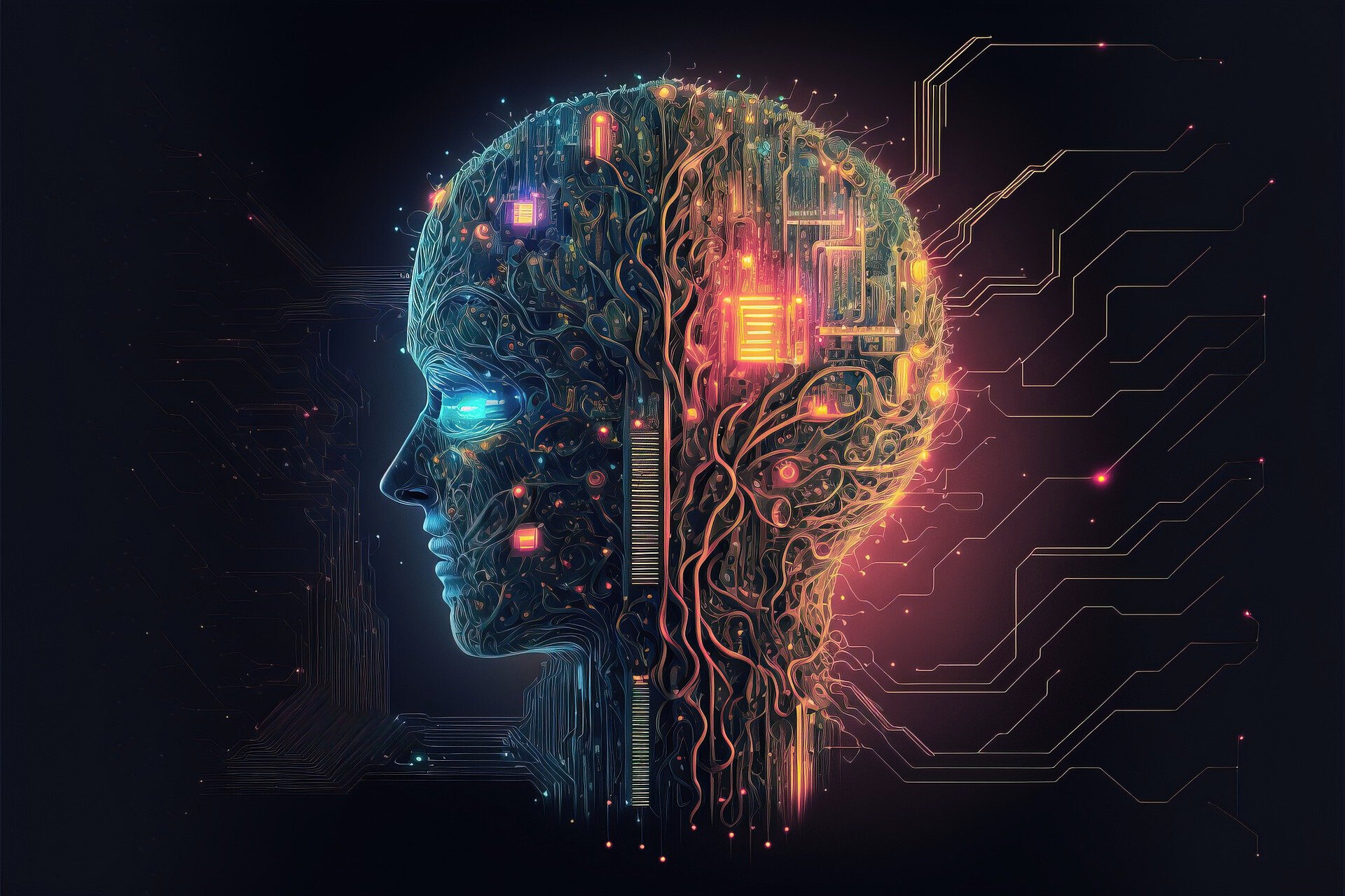 A human head alongside a circuit board, depicting the significant changes AI brings to our understanding of the future.